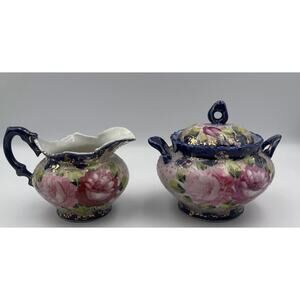 Vintage Cobalt Blue Floral Gold Sugar‎ And Creamer Set About 3”